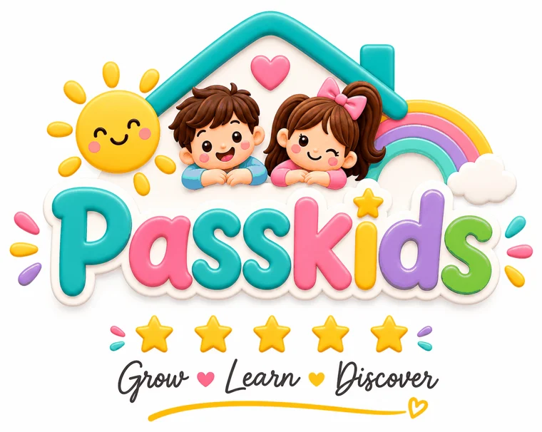 Logo de PASSKIDS: casita con un niño y una niña, sol y arcoíris. Grow, Learn, Discover